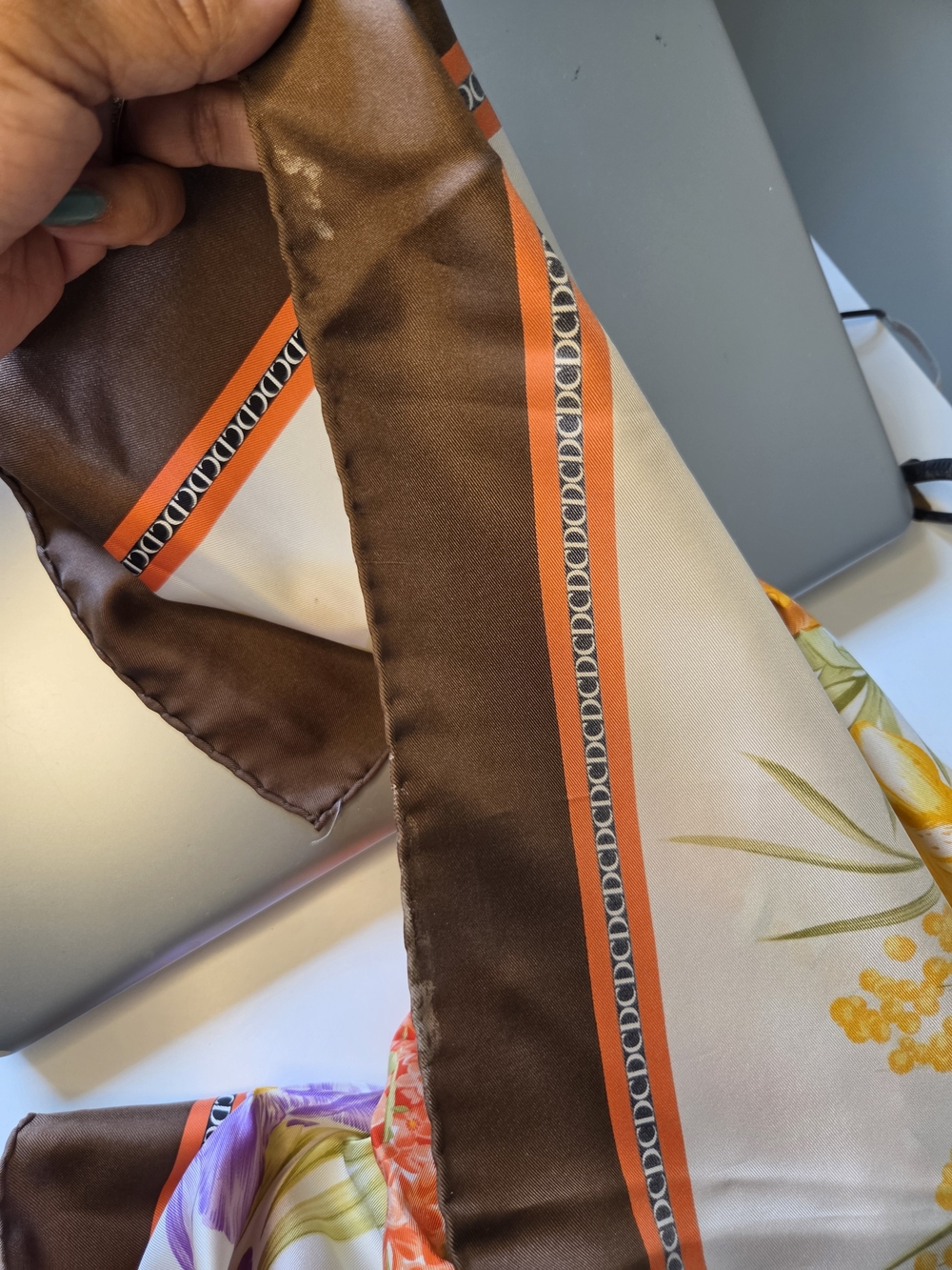 Christian Dior Scarf 100% Silk Beautiful Floral Square Scarf with Brown Border - Picture 9 of 10